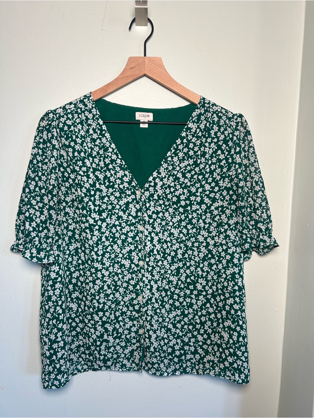 J. Crew Green Floral Button-Front V-Neck Blouse